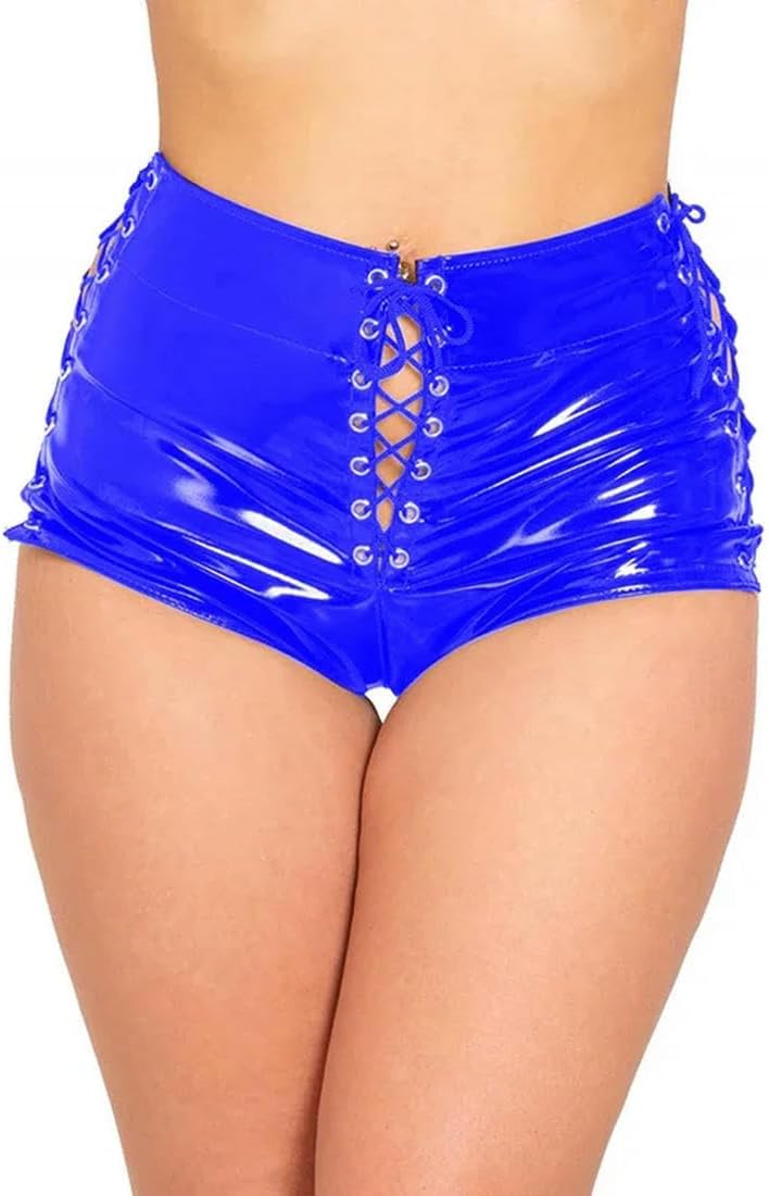 PVC Mini Shorts Front and Side Lace-up Skinny Short Pants Bandage High Cut Shorts Drawstring Club Dance