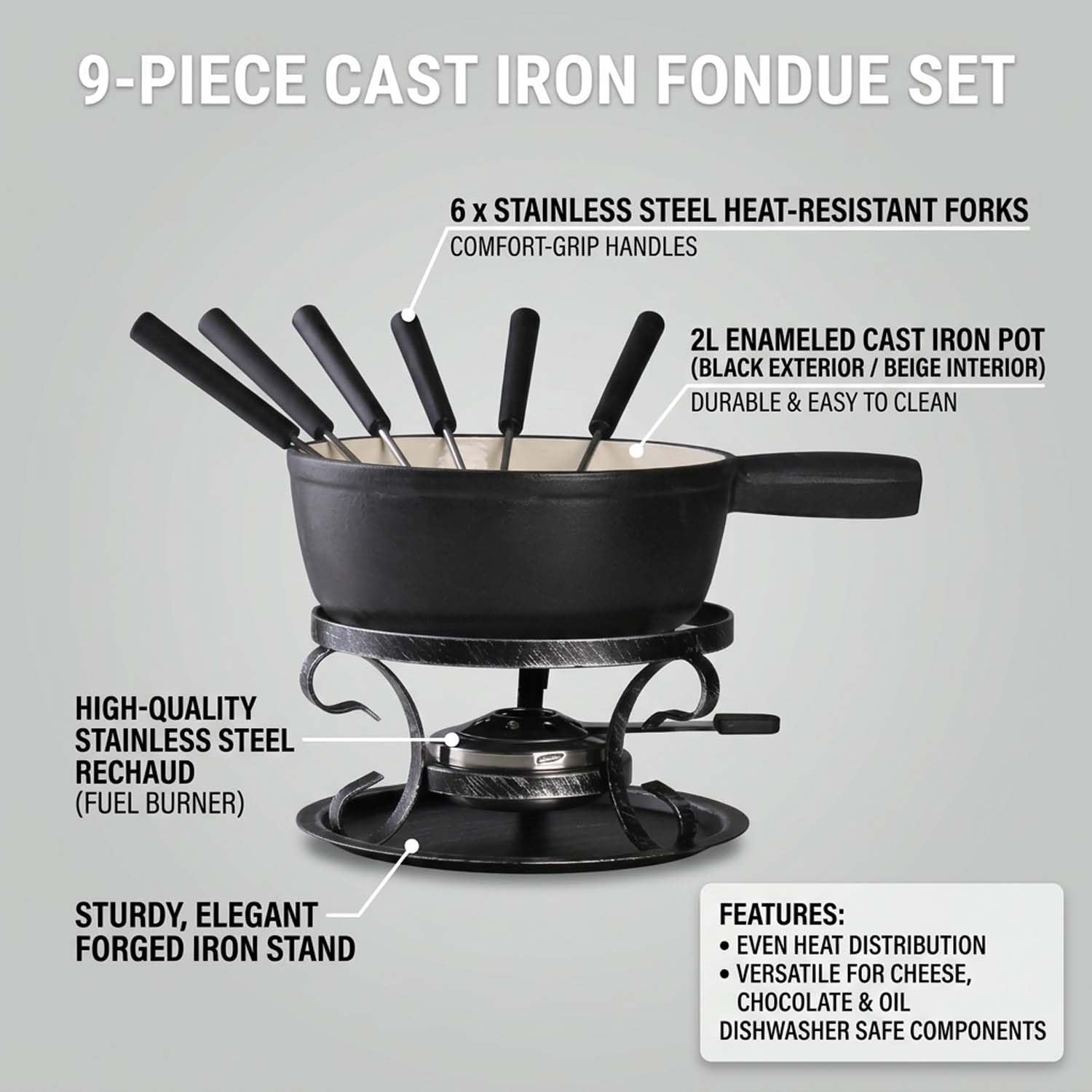 Artestia Juego de fondue de hierro fundido, juego de fondue de hierro fundido tradicional suizo para queso, carne y chocolate (negro mate)