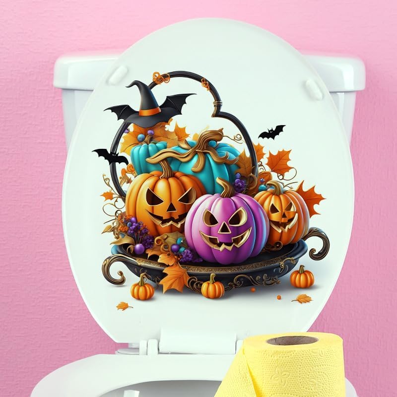 Happy Halloween Day Toilet Cover Sticker Decals,Halloween Pumpkin Bat Waterproof Toilet Lid Tank Seat Decals Cistern Self-Adhesive Bathroom Wall Sticker, Transparent, Paleery@FC-001
