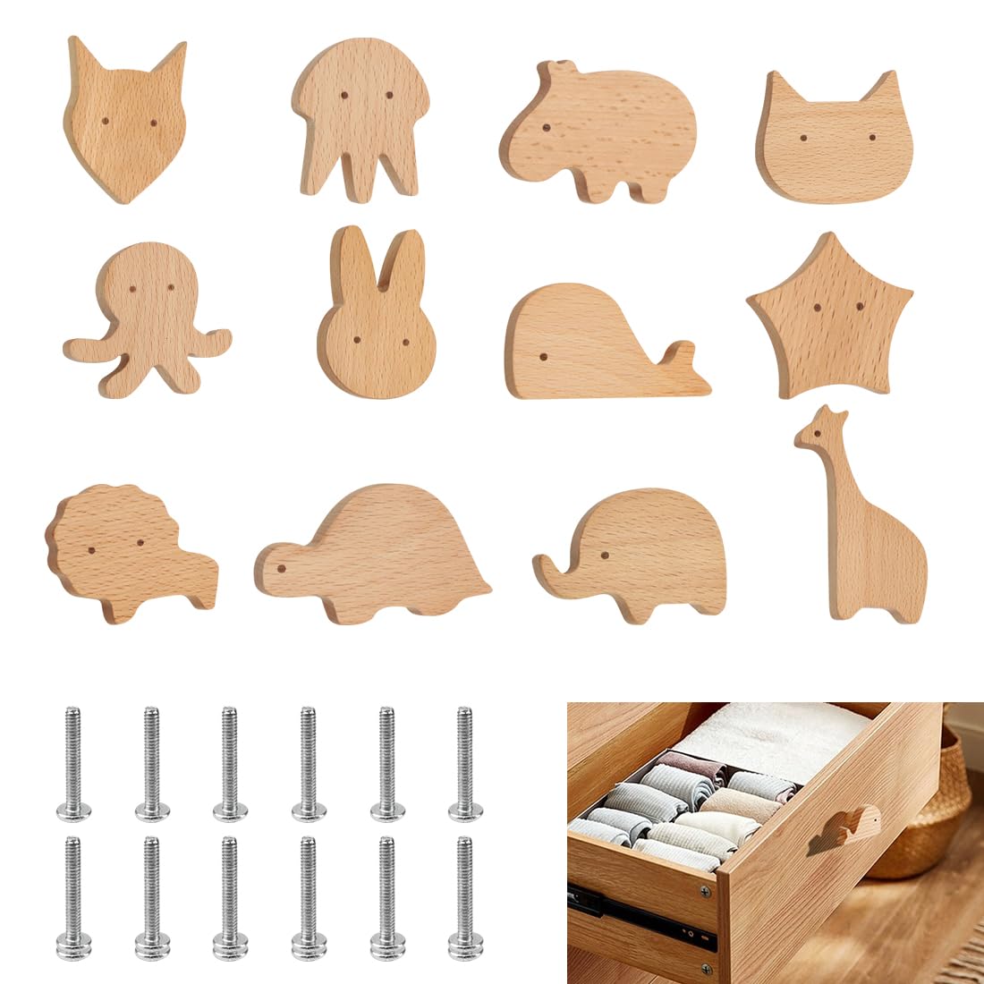 12 Pezzi Maniglie per Mobili in Legno 12 Diverse Forme di Animali Maniglie Armadio Legno con Viti Pomelli in Legno a Forma Carine per Cassetti, Comodino, Cucina, Soggiorno, Stanza dei Bambini