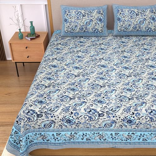 Image of India 100% Pure Cotton Jaipuri Printed Double Bedsheet with 2 Pillow Covers | Traditional Sanganeri Floral Design | Soft Breathable Fabric | King Size Bedsheet for Bedroom (Kaya43)