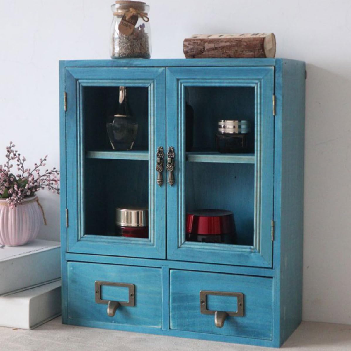 SOIMISS Armoire de Rangement Cosmétique Rétro en Bois, Tiroirs Multi-niveaux, Bleu, Verre et Fer, Grand Espace de Rangement, Tri et Organisation, pour Maquillage et Bureau à Domicile