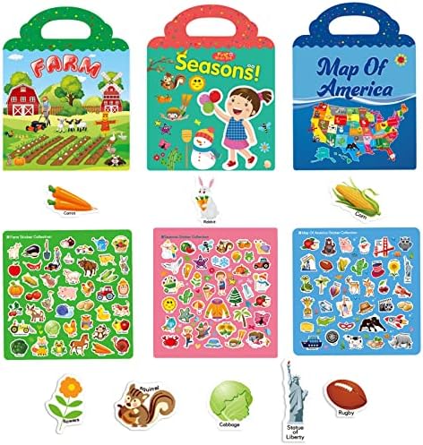 Sticker Book, Stickers for Kids, Toddler Books with Different Scenes, Reusable Learning Toys for Toddler Activities, Birthday Gifts for Kids (Farm+Seasons+Map of America)