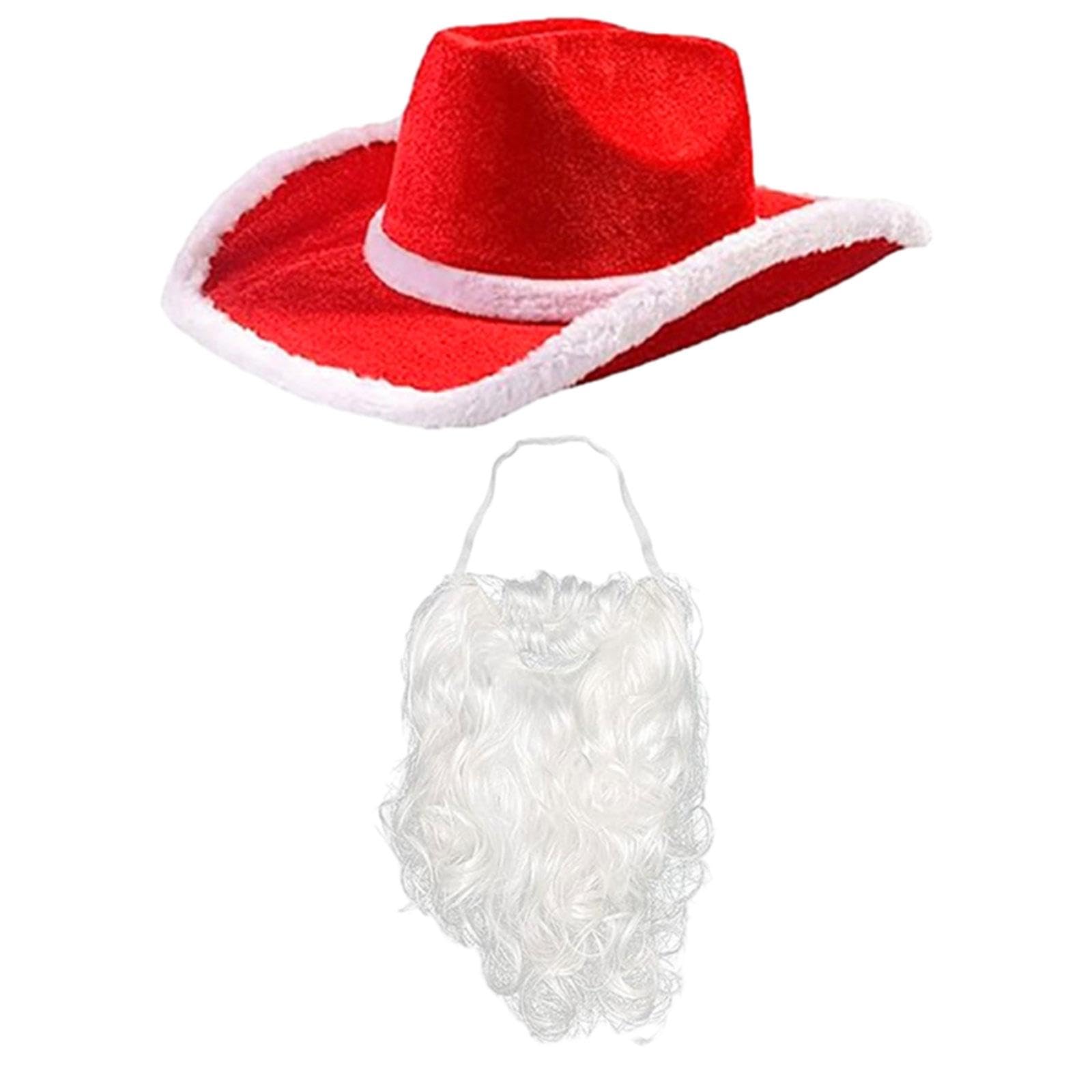 jojomis Santa Beard Christmas Cowboy Hat with Santa Claus Beard Set for Men Women Costume Props Party Supplies Festivals Red White