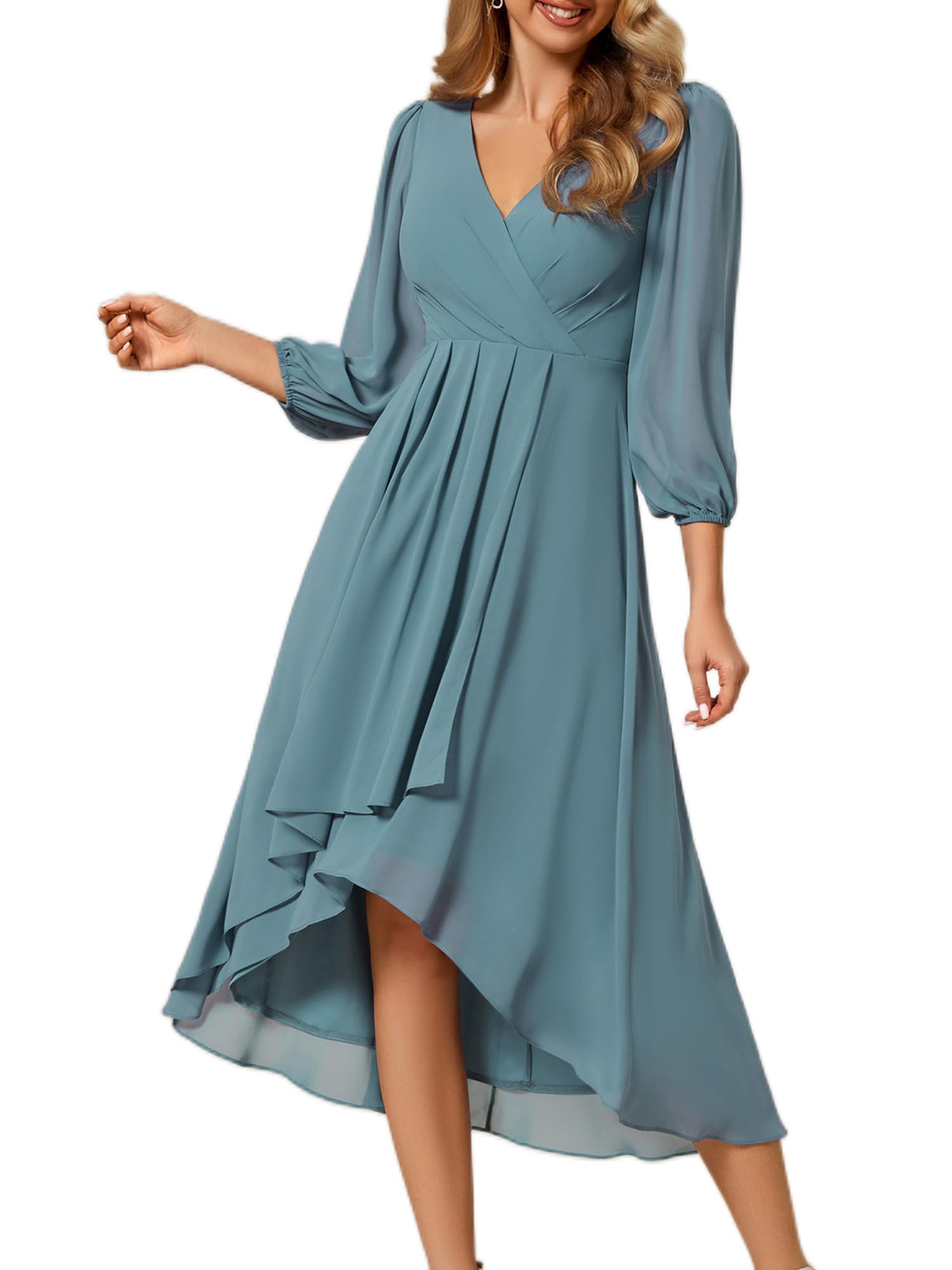 Ever-Pretty Women's Chiffon V Neck Long Sleeves A-Line Midi Length Wedding Guest Dress Cocktail Party Formal Dresses 01926