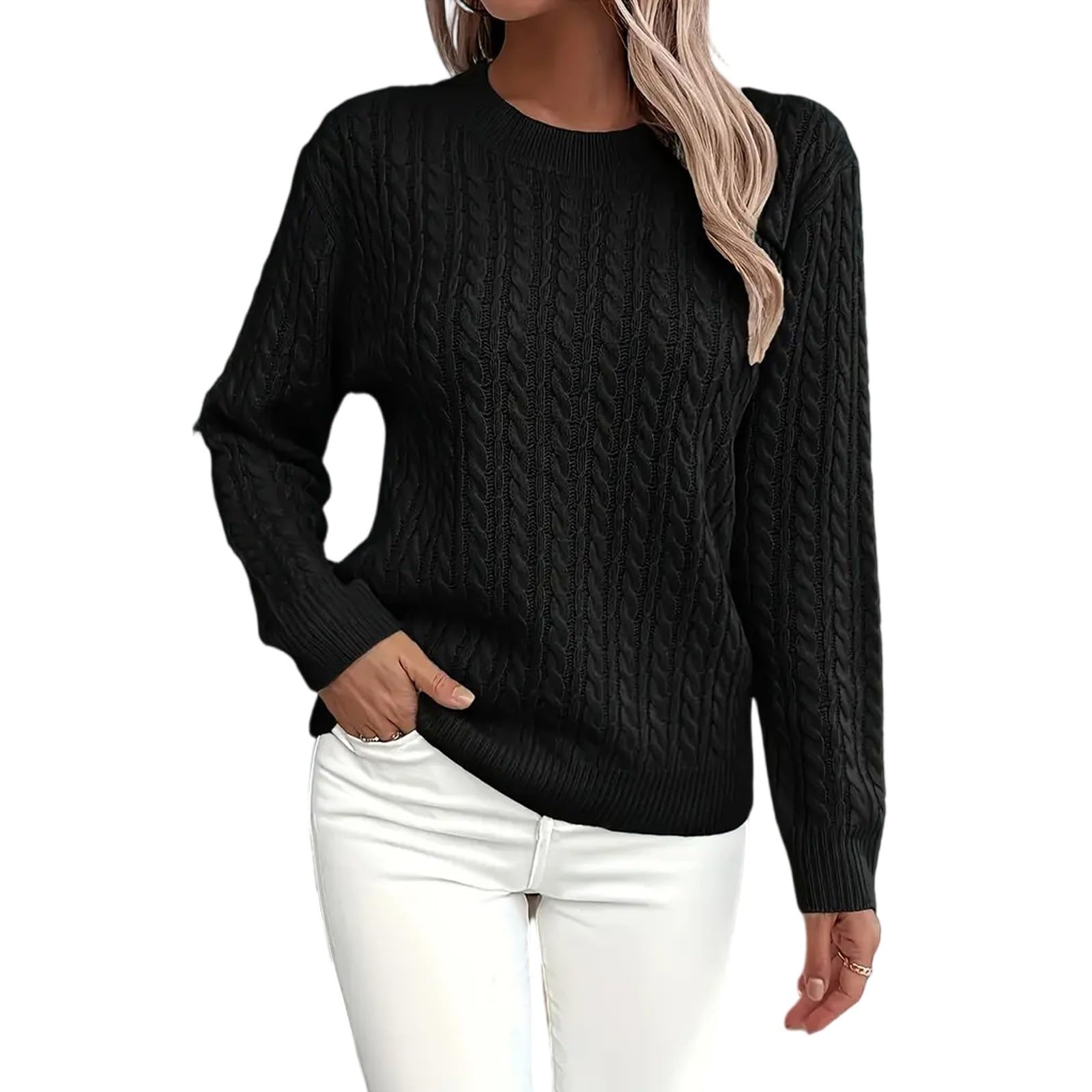 Womens Cable Knitted Sweaters Fall Winter 2025 Trendy Sweater Cozy Long Sleeve Crewneck Soft Classic Pullovers Blouse