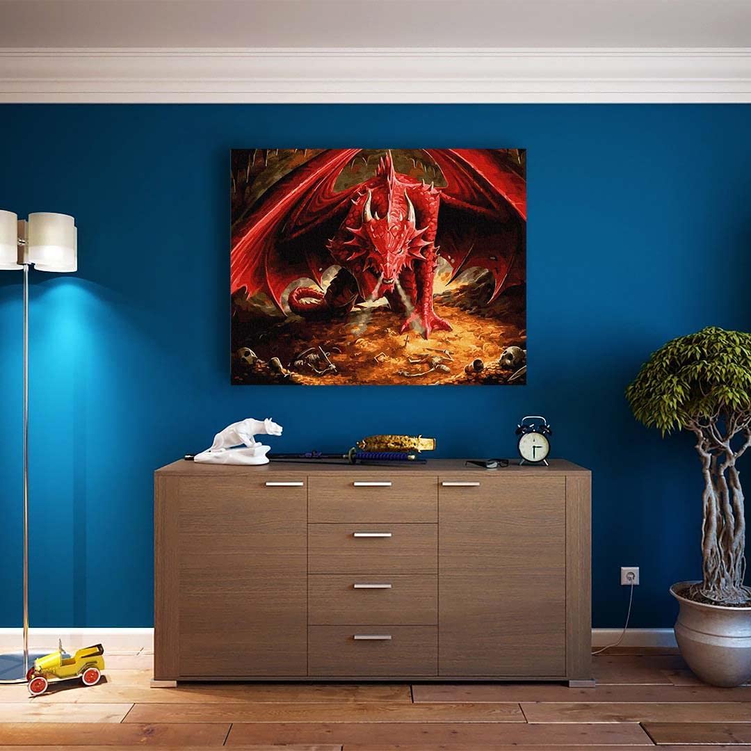 Artnapi Dipingere con i numeri, kit per adulti per bambini con cornice 40 x 50 cm (drago rosso) – Dipinto ad olio su tela – molto divertente e rilassante, anti lo stress