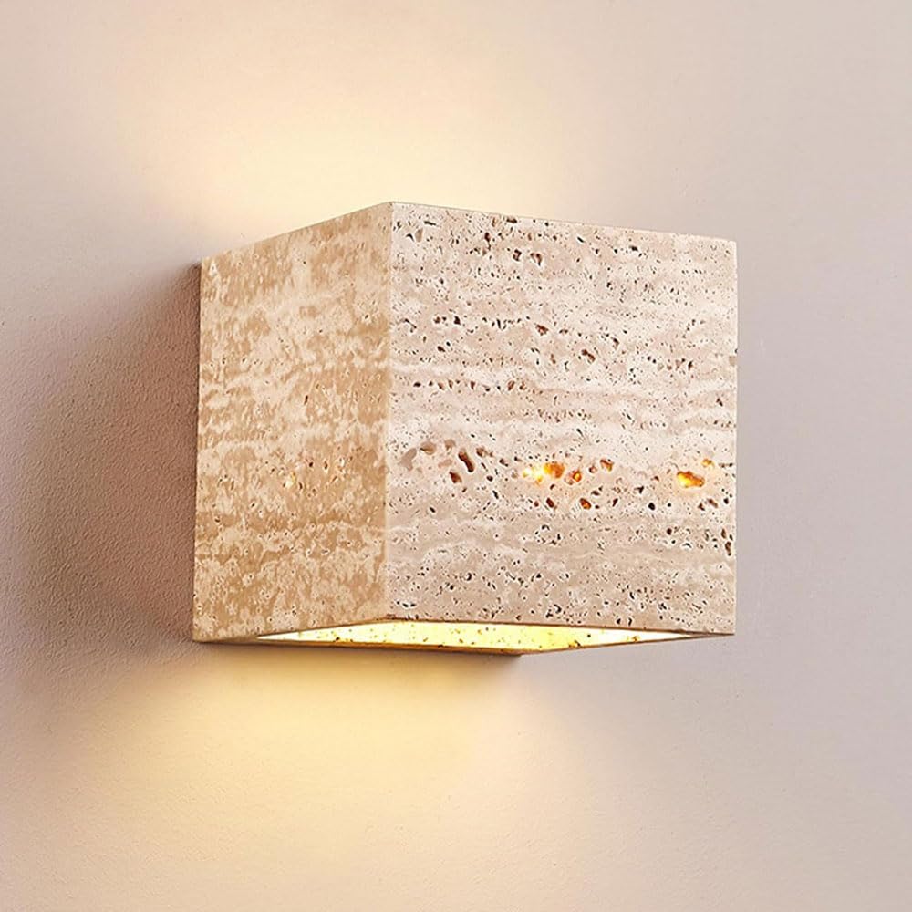 HAIDU Natural Stone Wall Light, Modern Industrial Style LED Wall Lamp, Square Yellow Travertine Wall Sconce, Stair Porch Bedside Decorative Lighting Fixtures