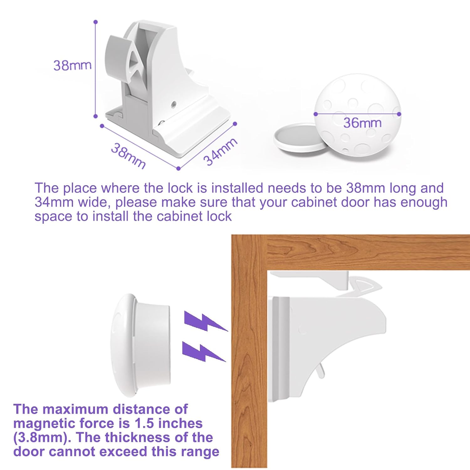 Diagram showing the dimensions of the lock components and the 1.5 inch magnetic force distance.