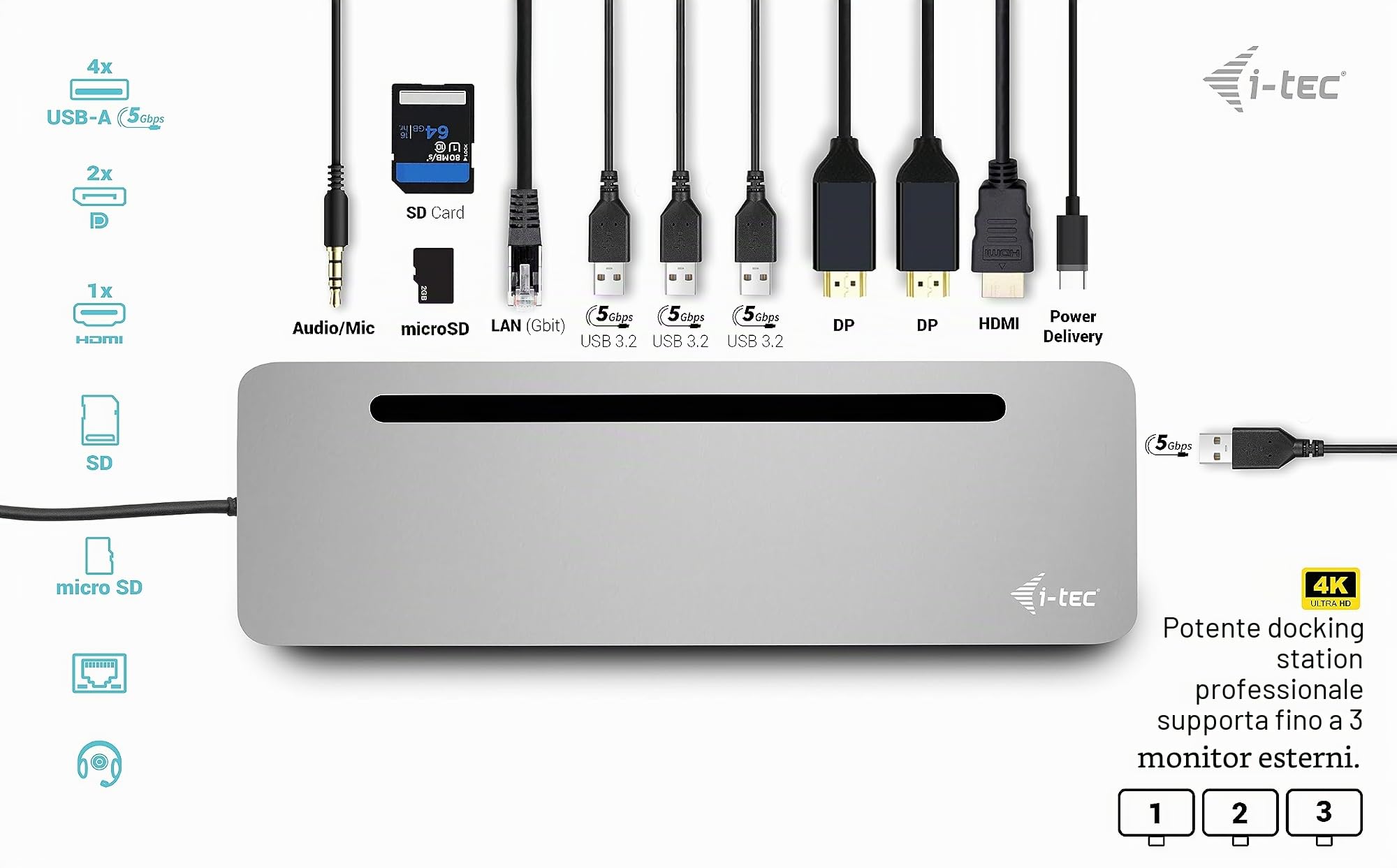 i-tec USB-C Metal Ergonomic 3x 4K Display Docking Station + Power Delivery 100 W (I-TEC USB-C ERGO 3X LCD DOCK - METAL ERGONOMIC 4K DOCK PD 100 W)