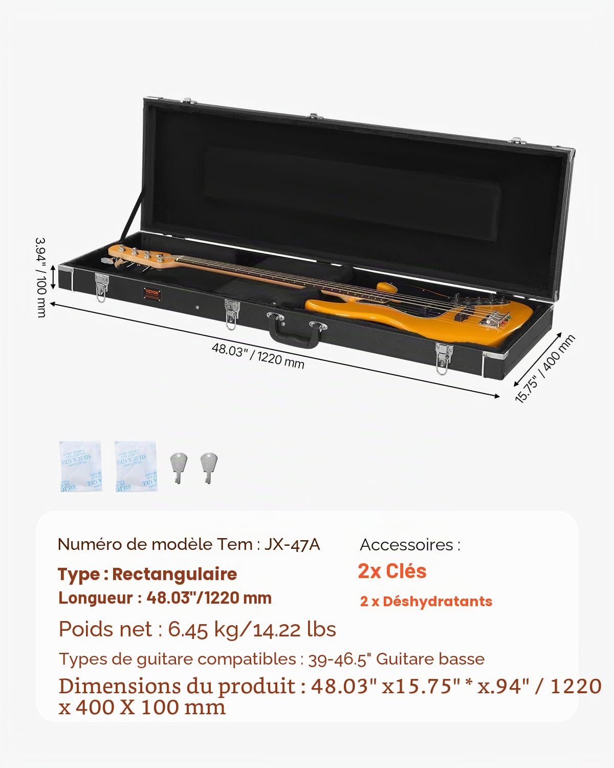 VEVOR Étui Guitare Basse Rigide Rectangulaire 1220 mm avec Verrouillage à Clés, Poignée, Rembourrage en PVC, Doublure Souple, Résistants à l'eau, pour Guitares Basses de 39-46,5 po 99-118 cm, Noir