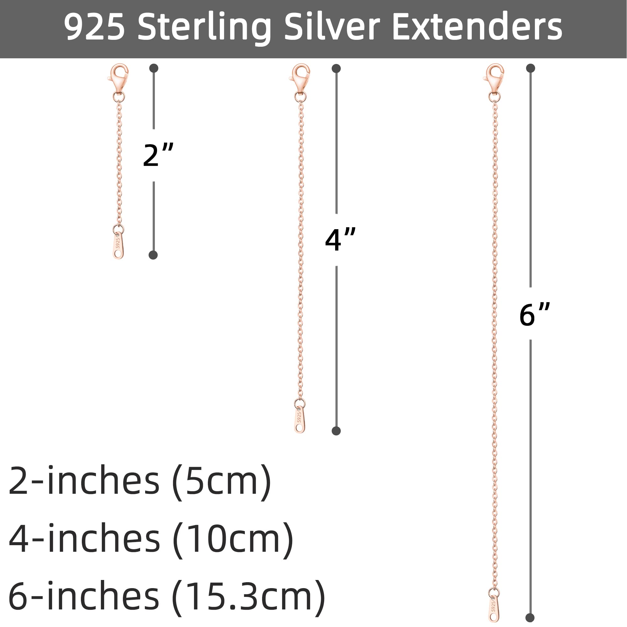 925 Sterling Silber Halskettenverlängerung, Roségold, Kettenverlängerungen für Halsketten, 3 Stück (2, 4, 15,2 cm)