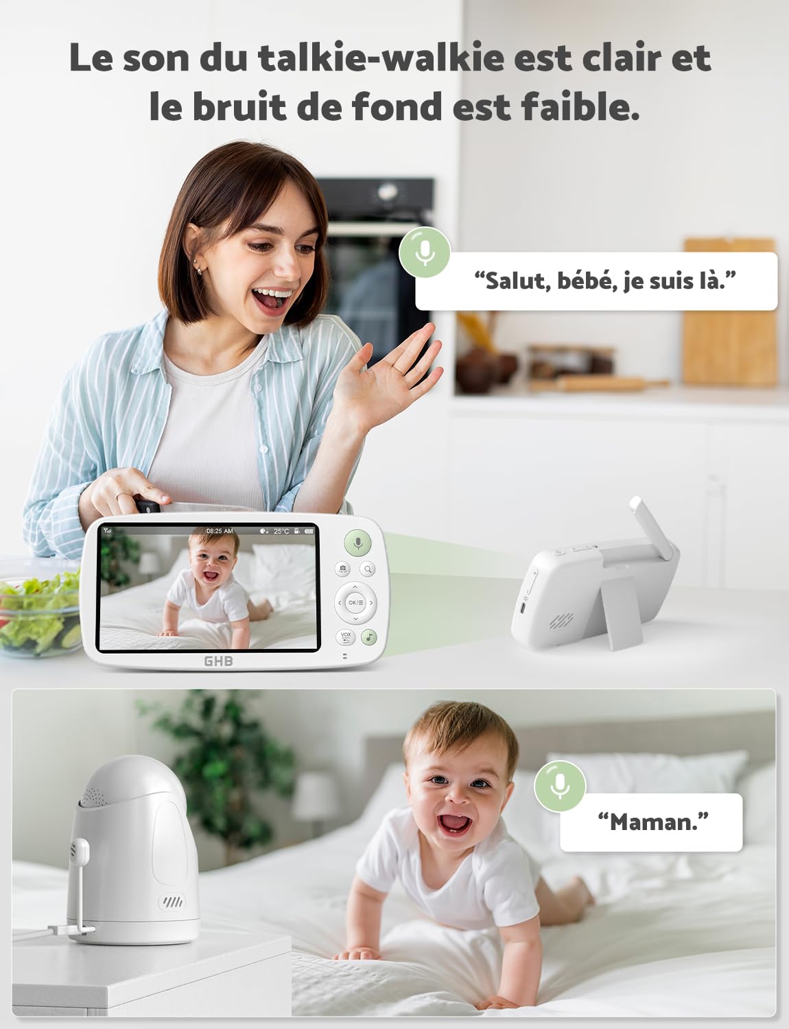 GHB Babyphone Caméra 5'' HD 1080P Caméra Bébé avec Longue Autonomie Batterie 4000 mAh 7 x 24H en Mode VOX 4X Zoom Communication Bidirectionnelle Vision Nocturne Capteur de Température