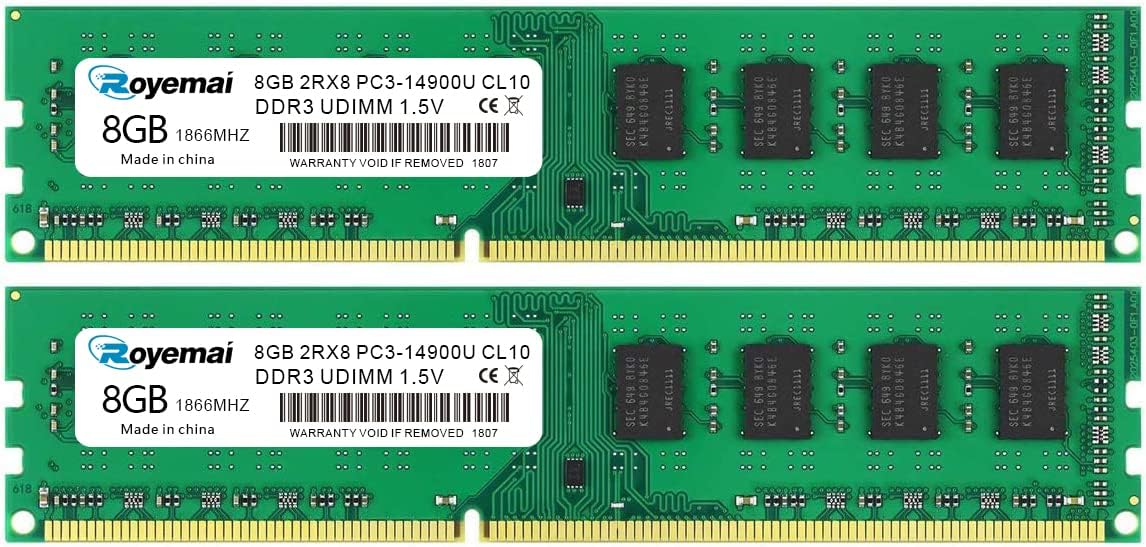 Lot De 2 Barrettes RAM DDR3 8GB PC3-14900U (1866MHz) Pour PC Fixe - Marques Mélangées - Occasion