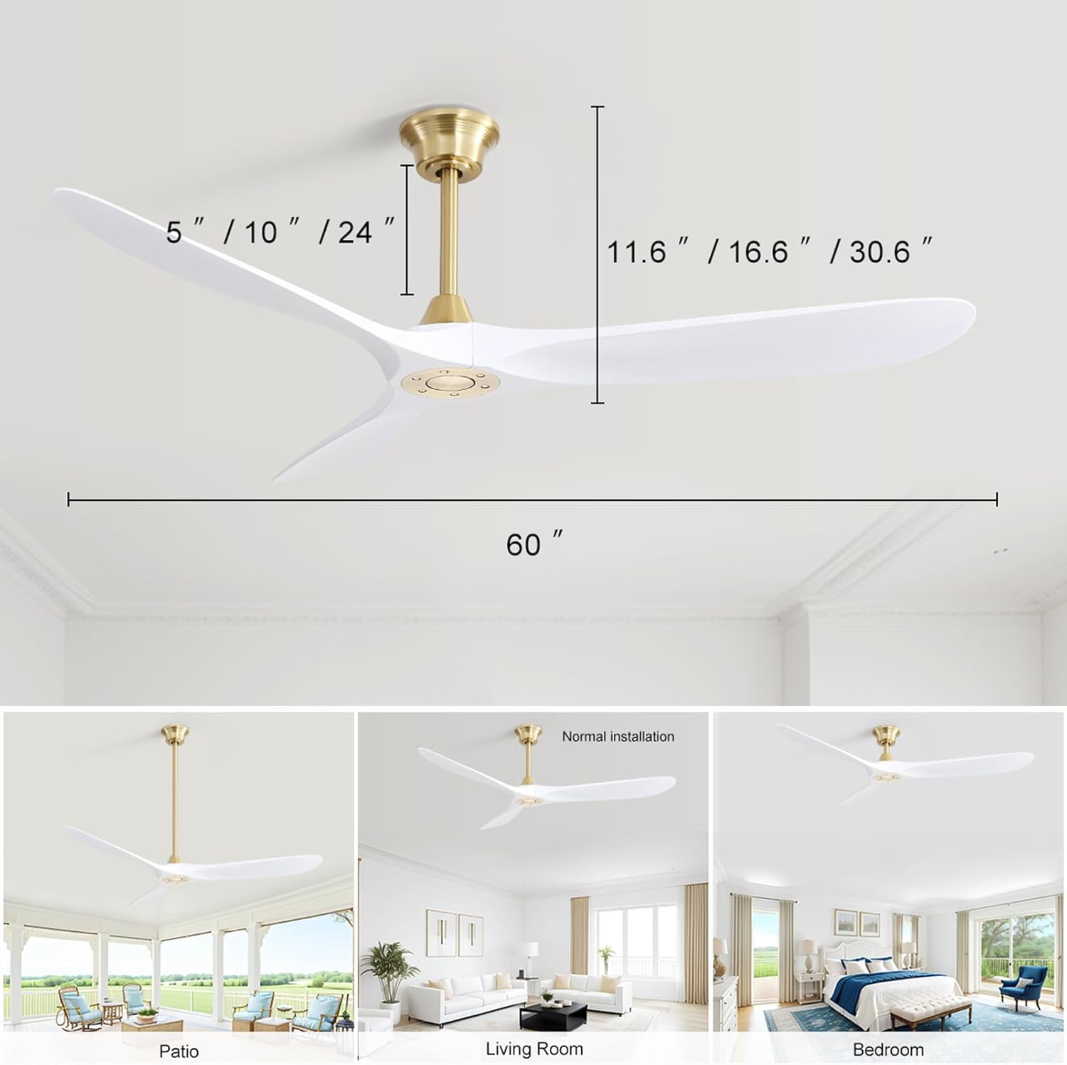 60 Inch Indoor Modern ABS Smart Ceiling Fan with 6 Speed Remote Control Reversible DC Motor for Bedroom