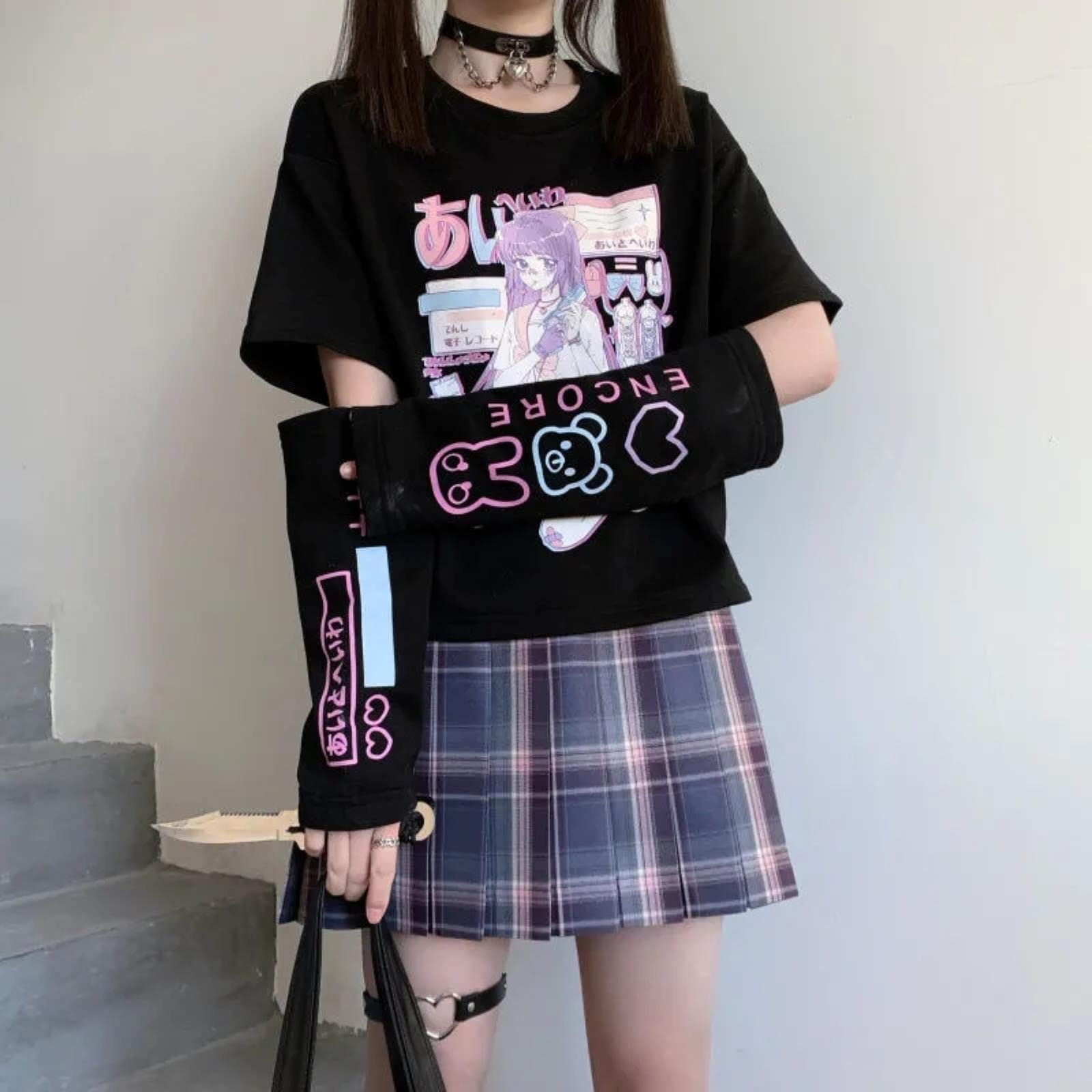 Ropa De Calle Japonesa Anime con Cubierta De Brazo Top Gráfico