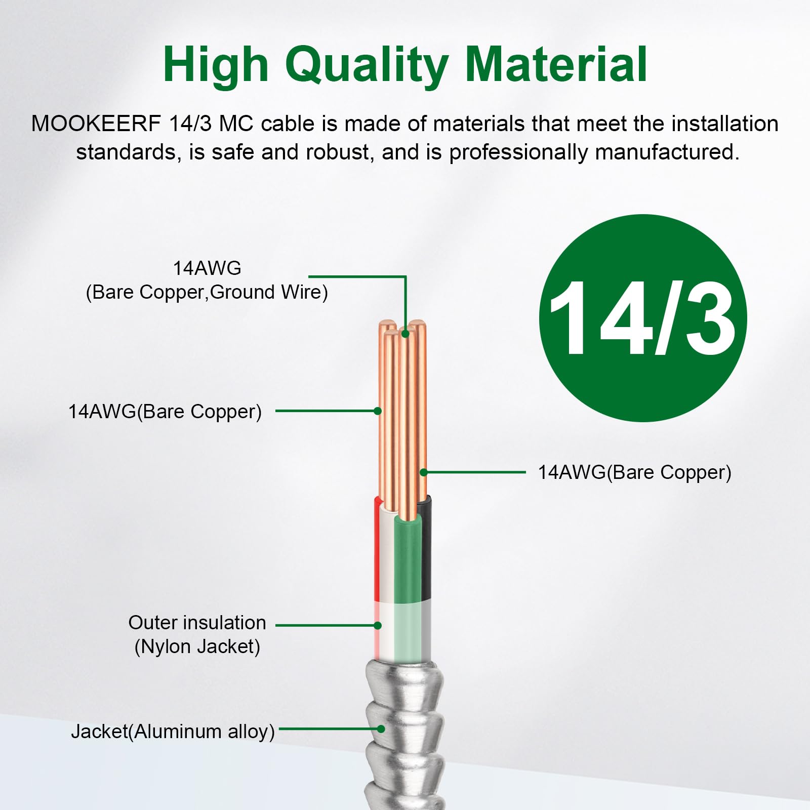 MOOKEERF Kabel MC 14/3 z uziemieniem, 250 m, czysta miedź 14AWG/3, platerowany metalem drut z aluminiowym pancerzem, 14 Gauge, 3-żyłowy, typ MC, kabel aluminiowy