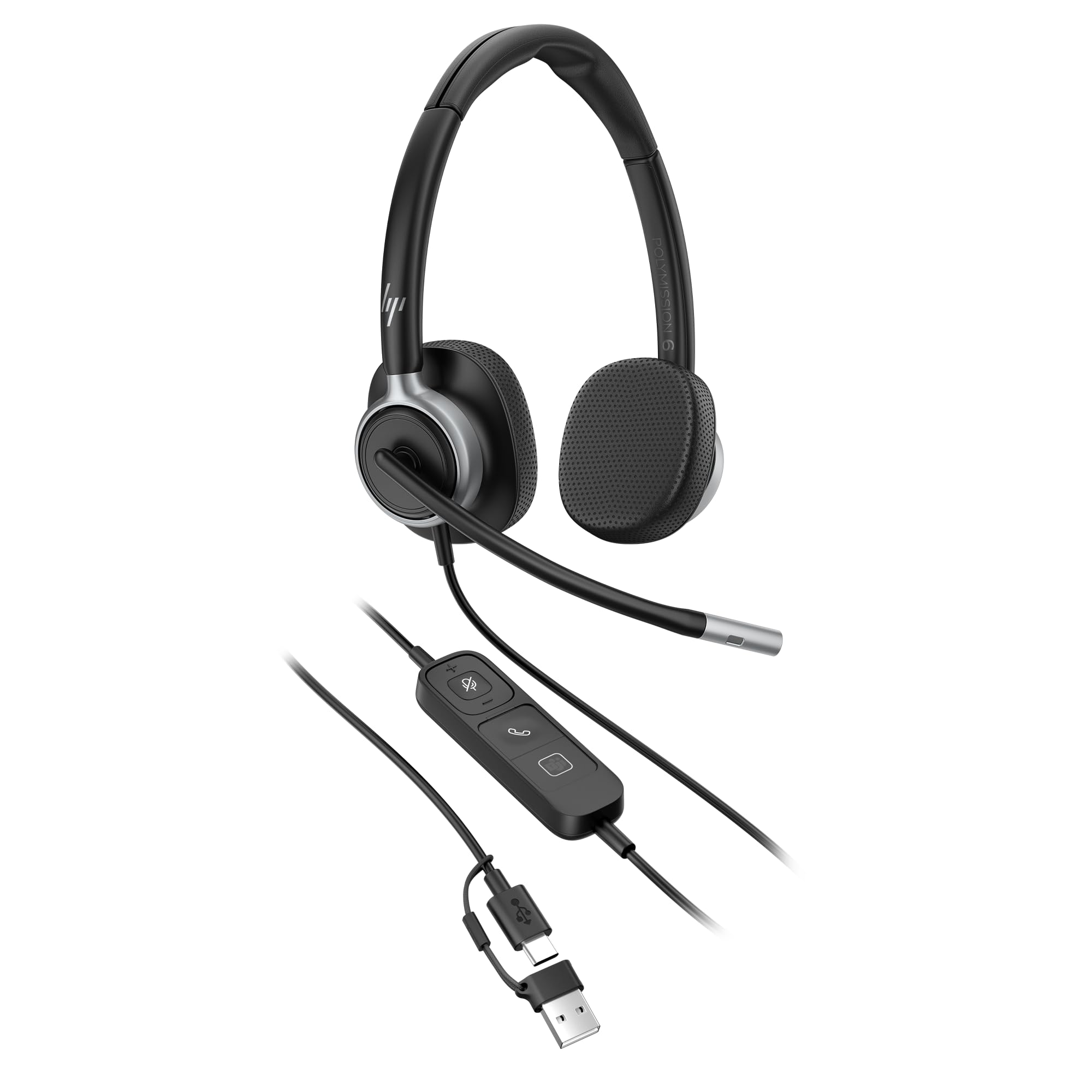 HP Poly Mission 620 Auricular USB-C Estéreo Profesional para Uso Diario Intensivo, Micrófono con Cancelación de Ruido con IA, Indicador de Llamada en Uso, Comodidad Todo el Día, PC y Mac