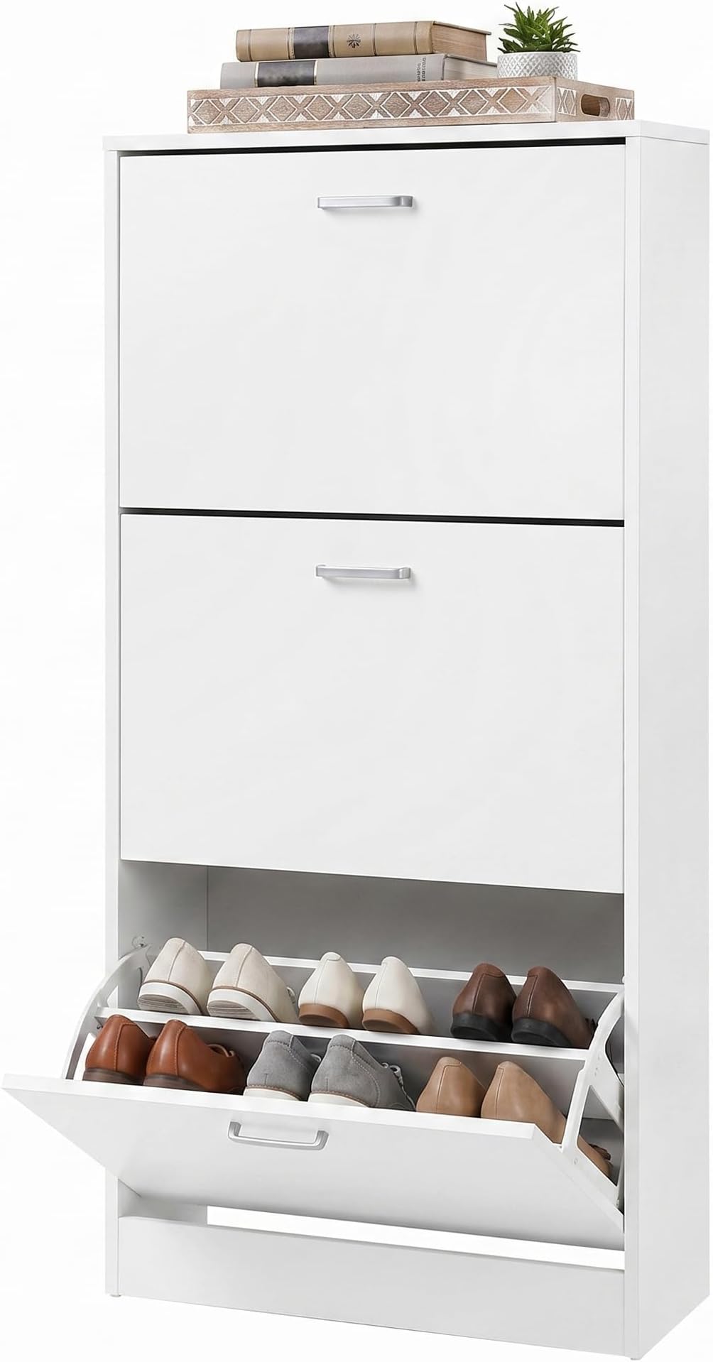 VASAGLE 3-Tier Wooden Shoe Cabinet, Storage Cupboard With 3 Flip Doors, Perfect for Narrow Hallway, Living Room, Bedroom, White, 60 x 24 x 120 cm (W x D x H) LBC03WT
