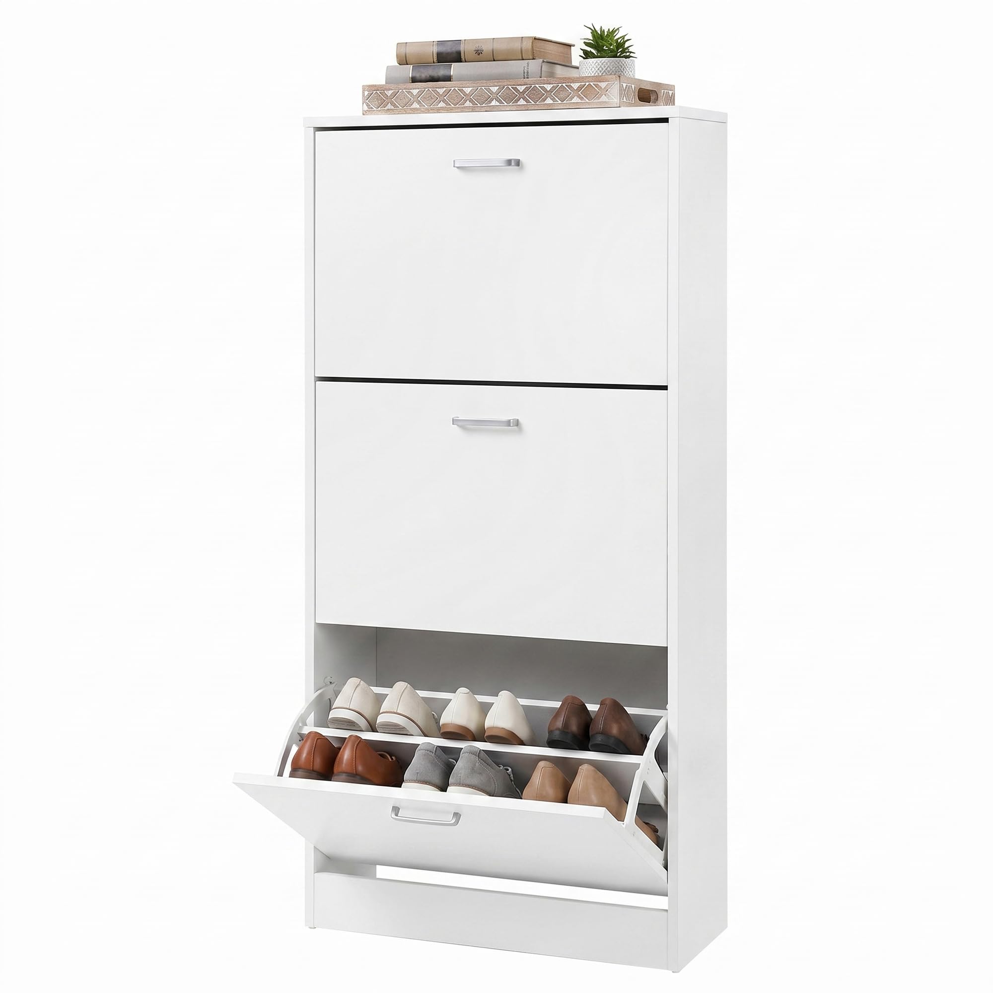 VASAGLE 3-Tier Wooden Shoe Cabinet, Storage Cupboard With 3 Flip Doors, Perfect for Narrow Hallway, Living Room, Bedroom, White, 60 x 24 x 120 cm (W x D x H) LBC03WT