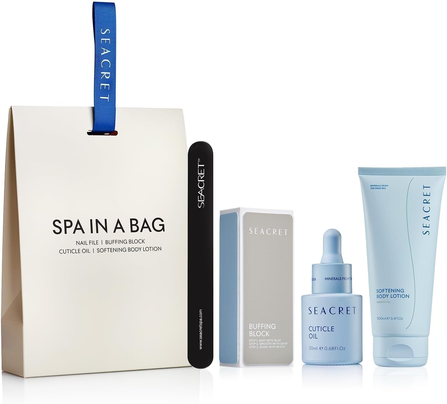 SEACRET Minerals Nail Care Collection, DIY Salon Manicure, Dead Sea Finger & Toe Treatment Set with File, 3-Way Buffer Block, 1 Oz Cuticle Oil, & 6.8 Oz Body Lotion, All Skin Types, 4 Piece Kit