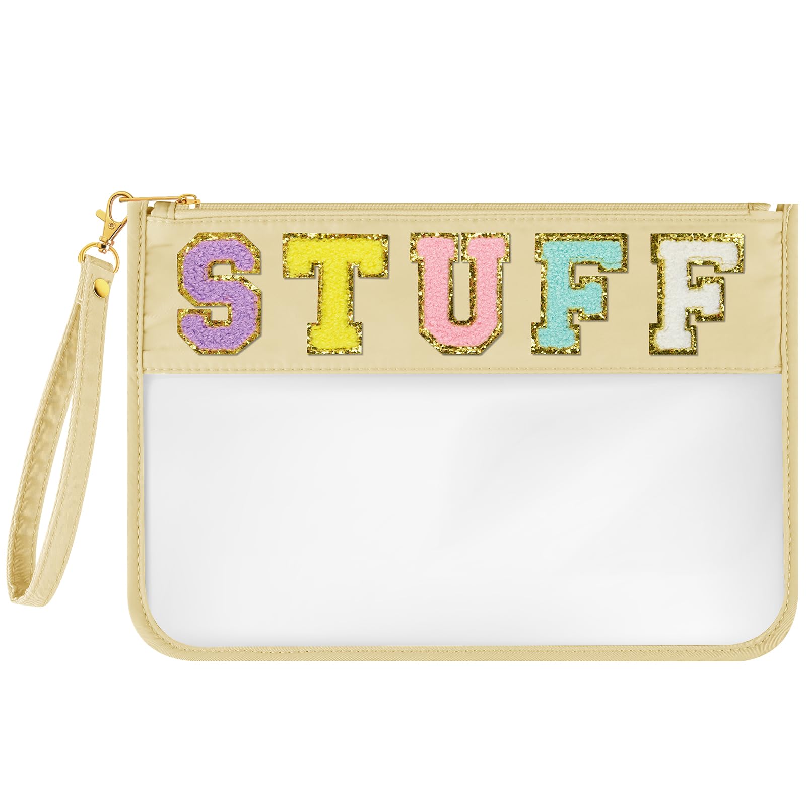 BOUBONI Chenille Letter Bag Clear Stuff Bag Flat Pouch Nylon and PVC Clear Cosmetic Bags Travel Makeup Bag Zipper Pouches Toiletry Bag With Wristlet