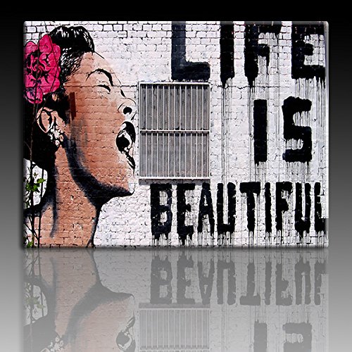 Druck auf leinwand "Banksy" Graffiti - Bild "Life is beautiful ! (div. größen) Bild fertig auf Keilrahmen ! Pop Art Gemälde Kunstdrucke, Wandbilder, Bilder (80x120cm)