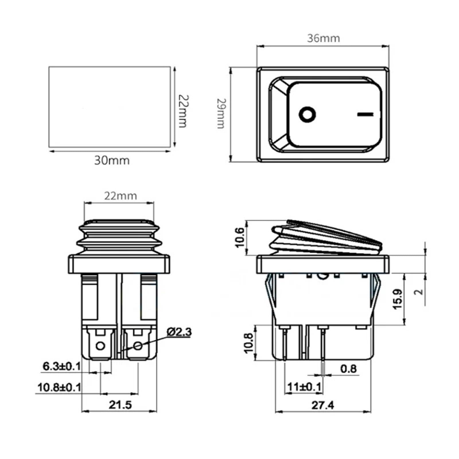 1 unidad KCD4 interruptor basculante a prueba de agua interruptor de alimentación 2 posiciones 4 pines/6 pines autobloqueo 16A 250VAC/ 20A 125VAC(Blue,4-pin)