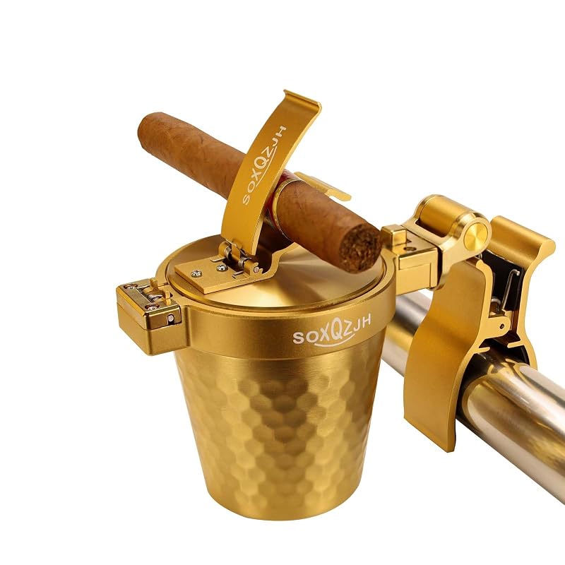 Cinzeiro com Tampa em Aço Inoxidável Dourado, Suporte para Charuto, Fixador Giratório de 360° e Presilha para Mesa ou Veículo SOXQZJH