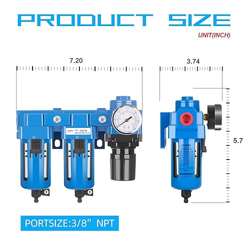 Miniatura 10 de NANPU Sistema de secado de aire NPT de 12" - Filtros de aire dobles, combo de regulador de presión de aire - Drenaje manual, cuenco de polietileno -