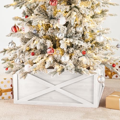 Glitzhome Christmas Tree Collar, Christmas Tree Base Cover, 22" L Washed White Wooden Tree Collars for Artificial Trees Decorative Tree Stand Cover Christmas Tree Skirt Collar