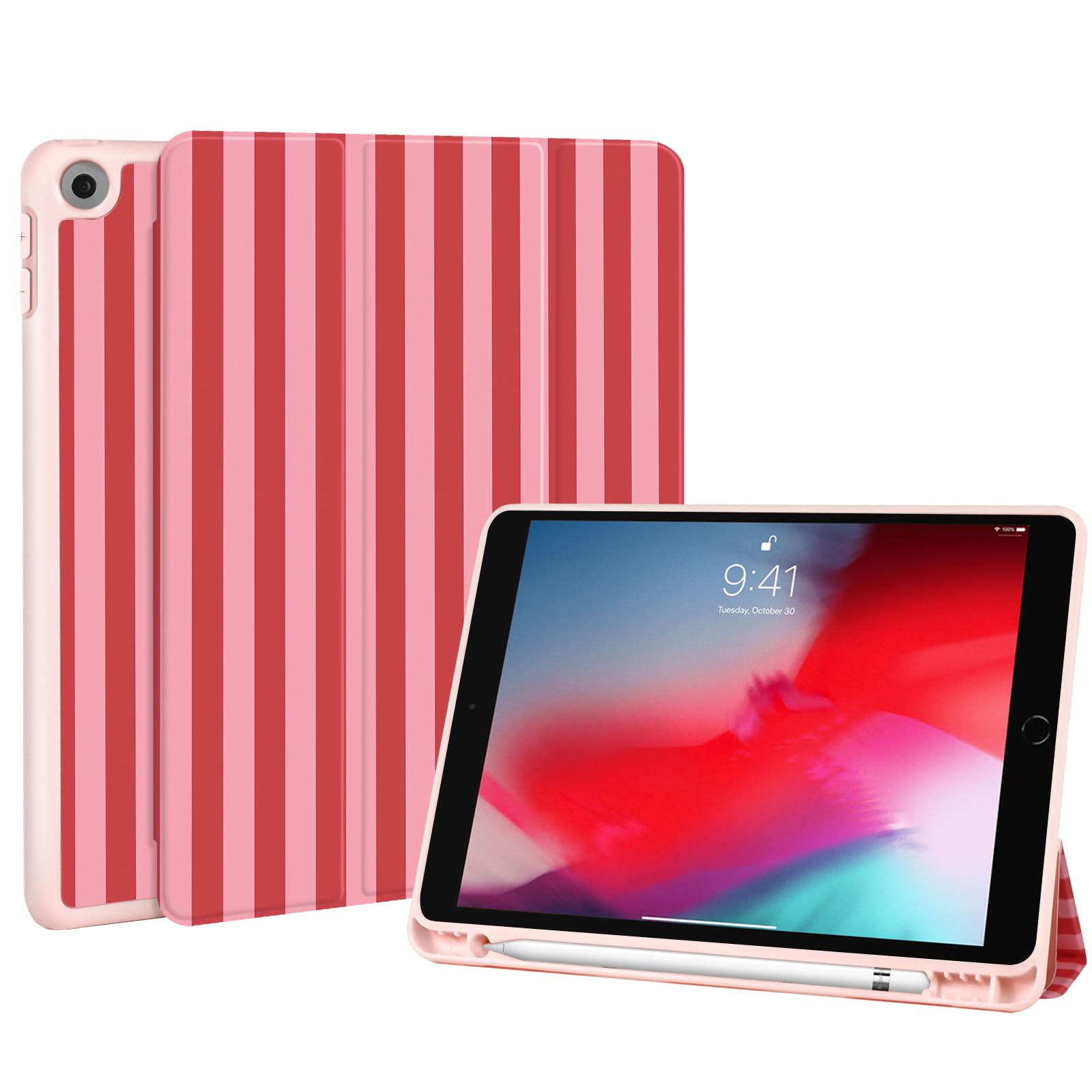 Fycyko Hülle für iPad 9./8./7. Generation 2021/2020/2019, iPad 10.2 Zoll Hülle mit Stifthalter,Cute Rosa und Rot Gestreifte Muster Schutzhülle mit Trifold Ständer,Rot Ästhetisches Schutzhülle