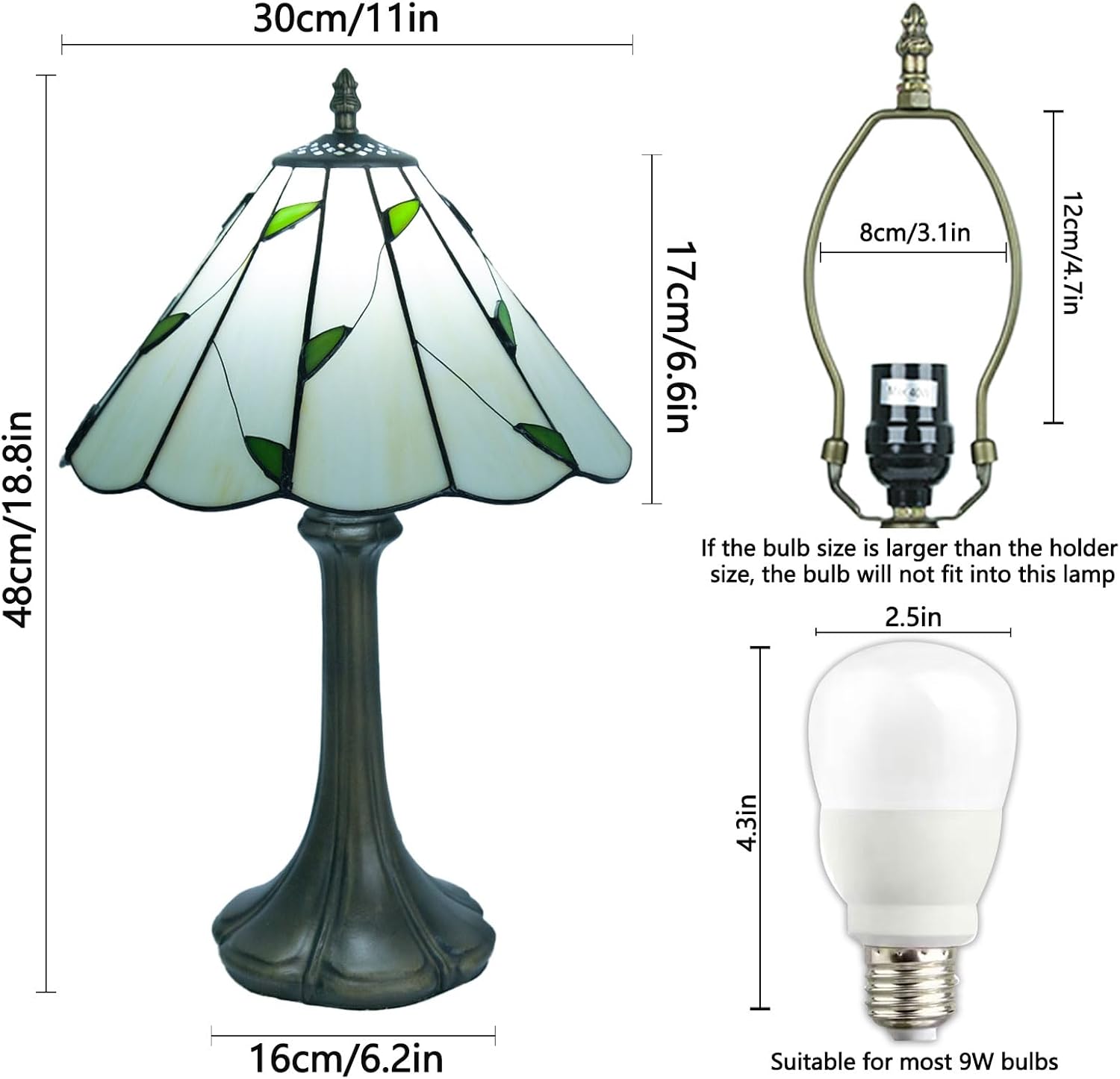 12 Inch Tiffany Table Lamps With Remote Control , Stained Glass Lamp with Stepless Dimmable Colors Temperature & Brightness for Living Room Bedroom Office , 9W Bulb Included (Umbrella Willow Leaves)