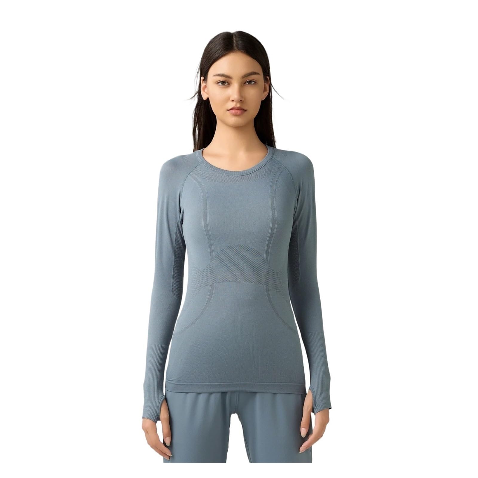 Maglietta da yoga Abbigliamento fitness senza cuciture a maniche lunghe Abbigliamento da yoga Top Wear Camicia da allenamento atletica for palestra da corsa da donna con fori for i pollici(Blue2,4-XS)