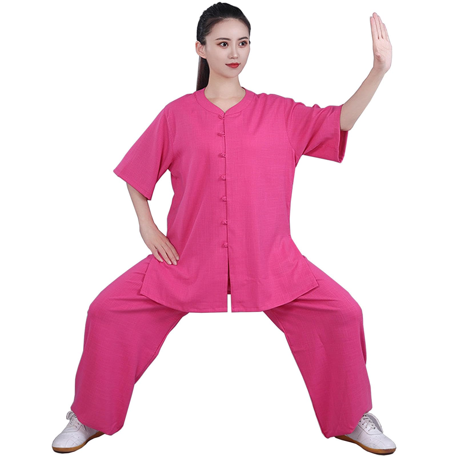 Uniforme de Tai Chi para Mujer, Traje Tradicional Chino de Kung Fu, Ropa de Artes Marciales de Manga Corta para Meditación Zen, Wing Chun/Uso Diario en Casa,Rosered-L