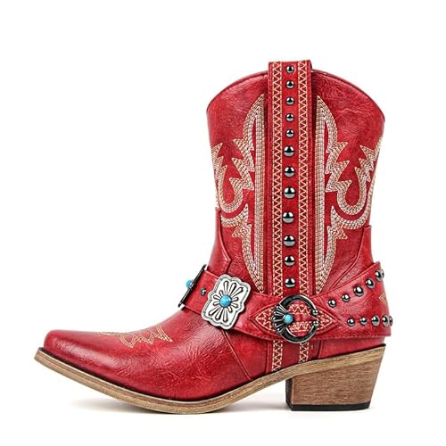 Only maker Cowgirl Western Boots for Women-Ankle High Embroidery Pointed Toe Cowboy Rodeo Country Concert Shoes Boot Red US9