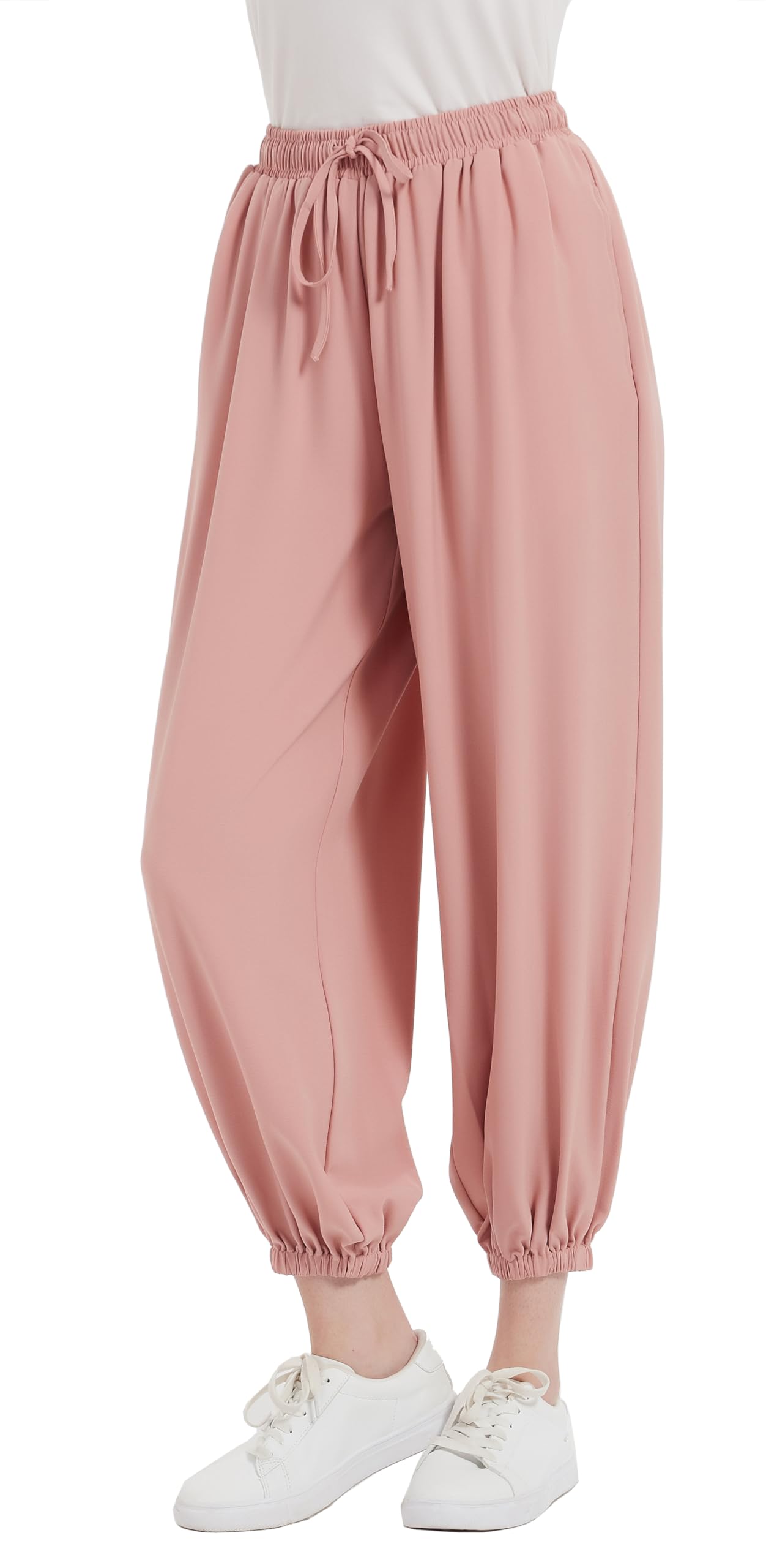 Tronjori Womens Baggy Elastic Waistband Pants High Waist Casual Wide Leg Loose Trousers Drawstring Cinch Bottom