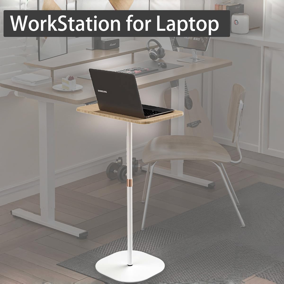 Escritorio de pie pequeño para laptop, mesa auxiliar de pedestal de altura ajustable con parte superior de madera, mesa auxiliar alta portátil para mesita de noche, sofá, sala de estar, dormitorio, 5