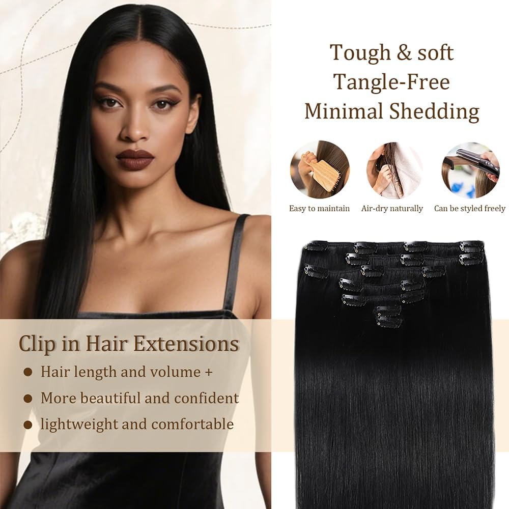 Straight Human Hair Extensions Clip In Extensions Echthaar Schwarz Real Human Hair Extensions Clip Invisible #1B Natural Black 120g 7pcs Per Pack for Women 28 Zoll