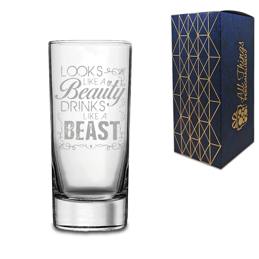Novelty Engraved/Printed HiBall Gin and Tonic Vodka Glass - Looks Like a Beauty Drinks Like a Beast - Engraved with Message
