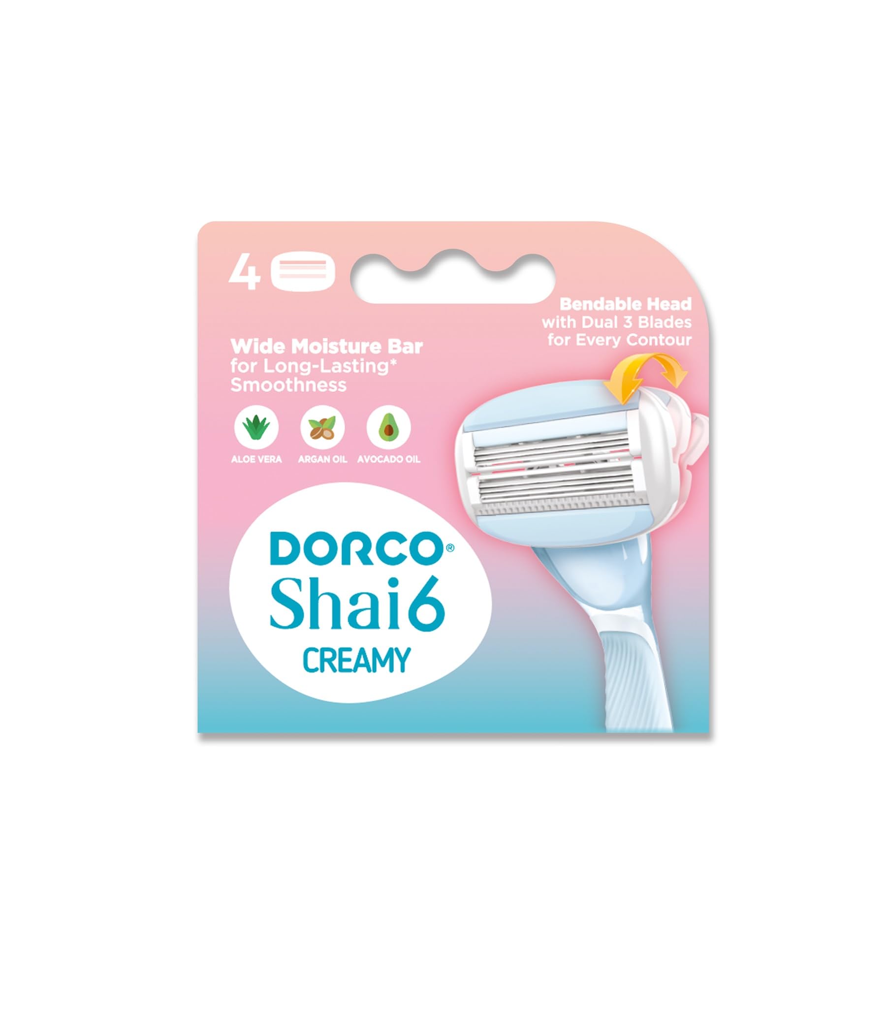 Shai 6 Creamy Women's Razor Blade Refills, 4 Count, Dual Wide Moisture Bar, Bendable Head with Dual 3 Blades, With Aloe Vera, Argan Oil & Avocado Oil, Open-Flow Cartridge, Micro Comb Guard