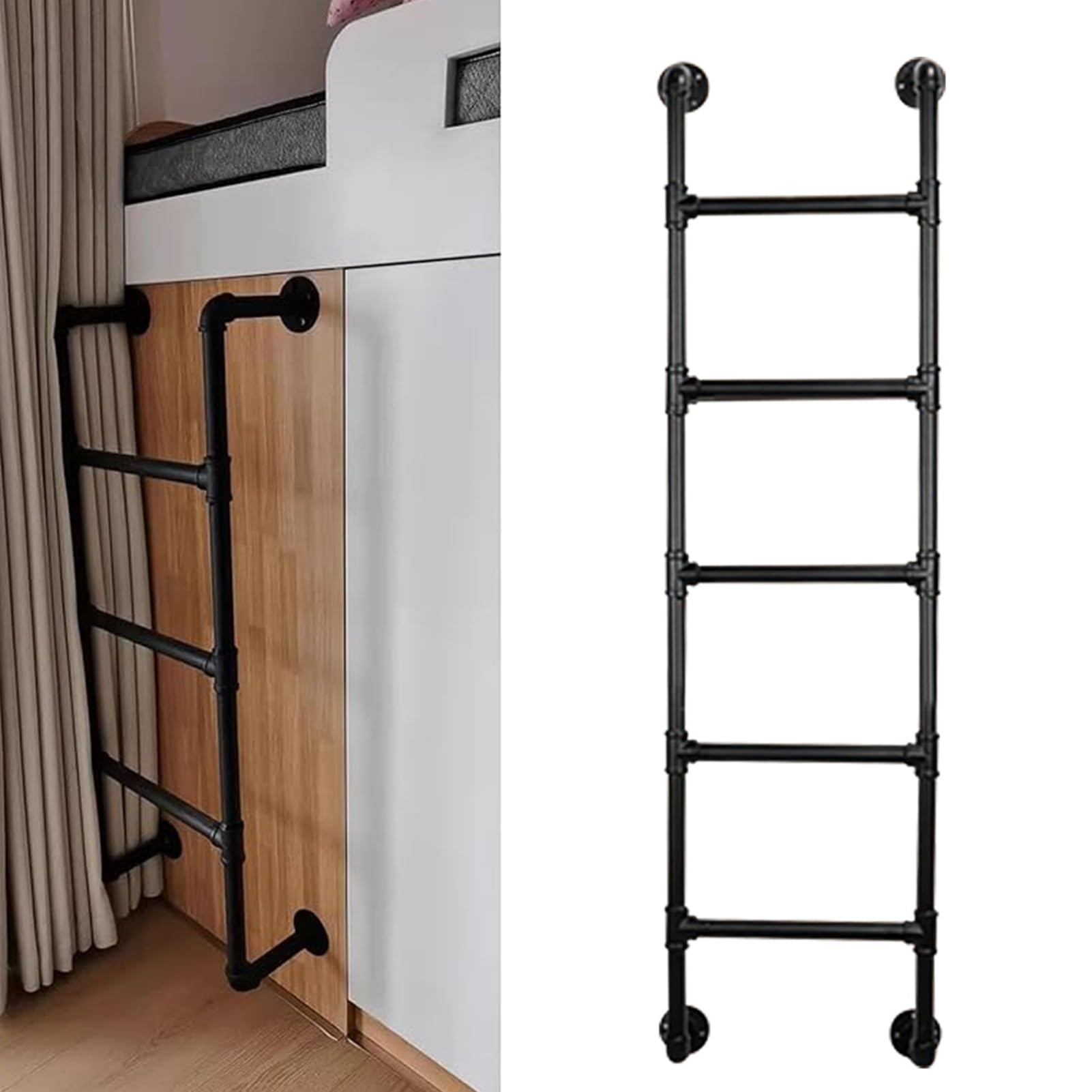 Scala a Castello Industriale in Ferro battuto con Kit, Scala antincendio da Ingresso a Parete Nera, Scale di Sicurezza Resistenti e durevoli per la casa.(128cm/50in)