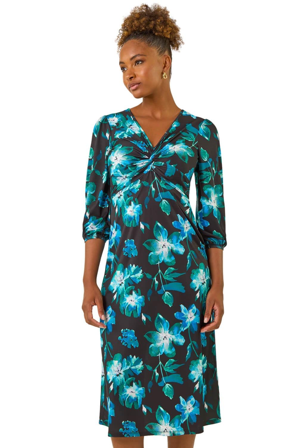 Roman Fit and Flare Dress for Women Ladies Chest Twist Knot Ruched Tea Skater Empire Waist Wedding Guest Smart Casual Swing Midi 3/4 Long Sleeve Knee Length - Blue Noir Floral - Size 18