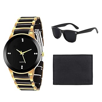 Zesta Combo Pack of Black/Gold Analogue Watch with a Sunglass and a Leather Wallet for Men & Boys