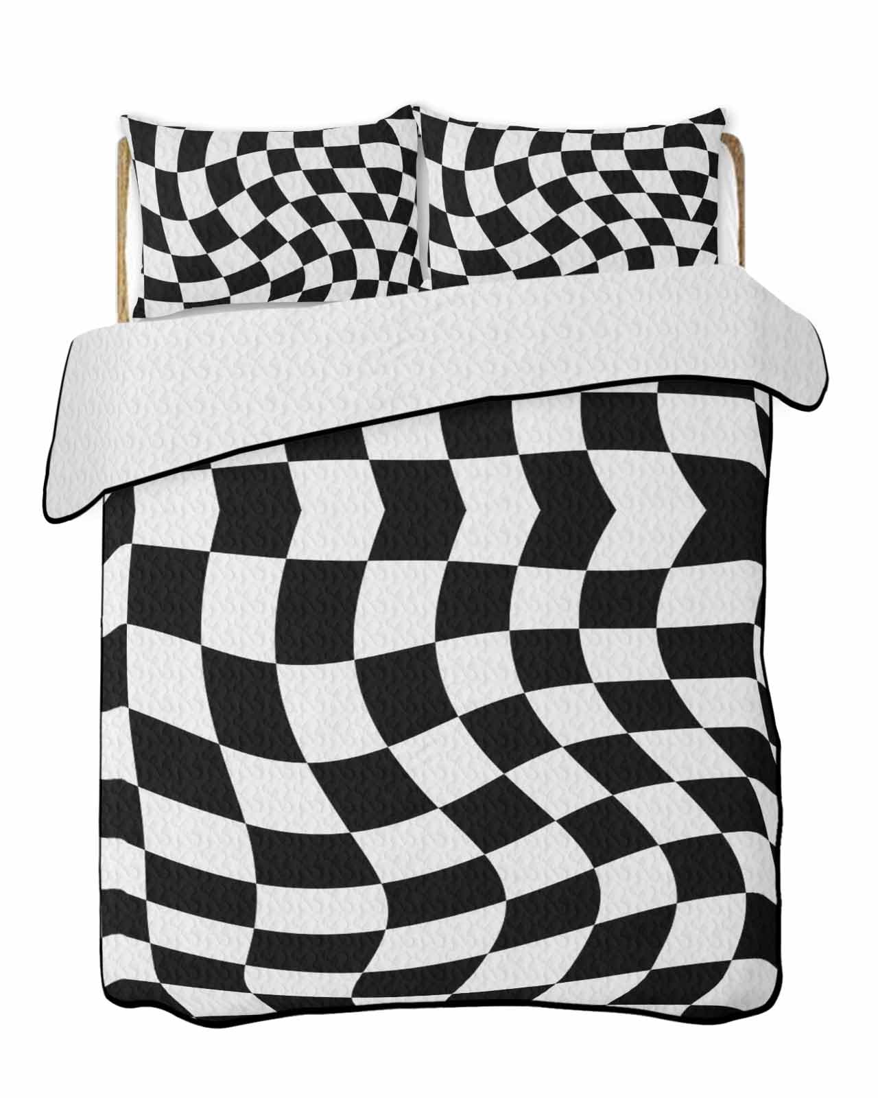 3-Piece Summer Quilt Twin XL Size, Black and White Checkered Lightweight Cooling Bedding Comforter Blanket with 2 Pillow Shams, Modern Irregular Geometric Bedspreads Quilted Coverlet Sets 68
