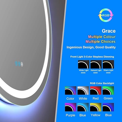 Miniatura 4 de Espejo de baño LED, espejo RGB de baño iluminado, control táctil, antivaho, función de memoria, espejo de tocador retroiluminado RGB para el hogar,