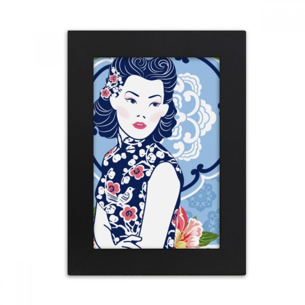 Cadre photo chinois fleur bleue peinture décoration bureau noir 5x7