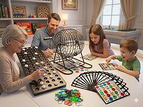 Jogo de Bingo Completo Lazer Família Modelo Globo Giratório Profissional Estilo Premium com 75 Bolas Cartelas Reutilizáveis Alta Durabilidade
