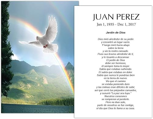 Targetas Funerales De Recordatorio (50 Tarjetas) FPC1226ES Paloma sobre arco iris (Impreso personalizado - Seleccione oración deseada)