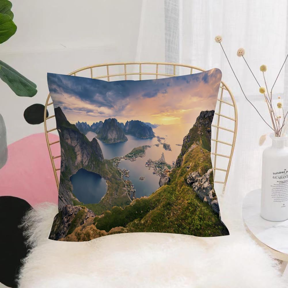 HYOSXW Cushion Cover,Throw Pillow Case Home Decorative for Living Room Bedroom Sofa Chair 16X16 Inch,Norway, Lofoten Islands, Nordic panorama at dusk,Pillowcase 40X40cm